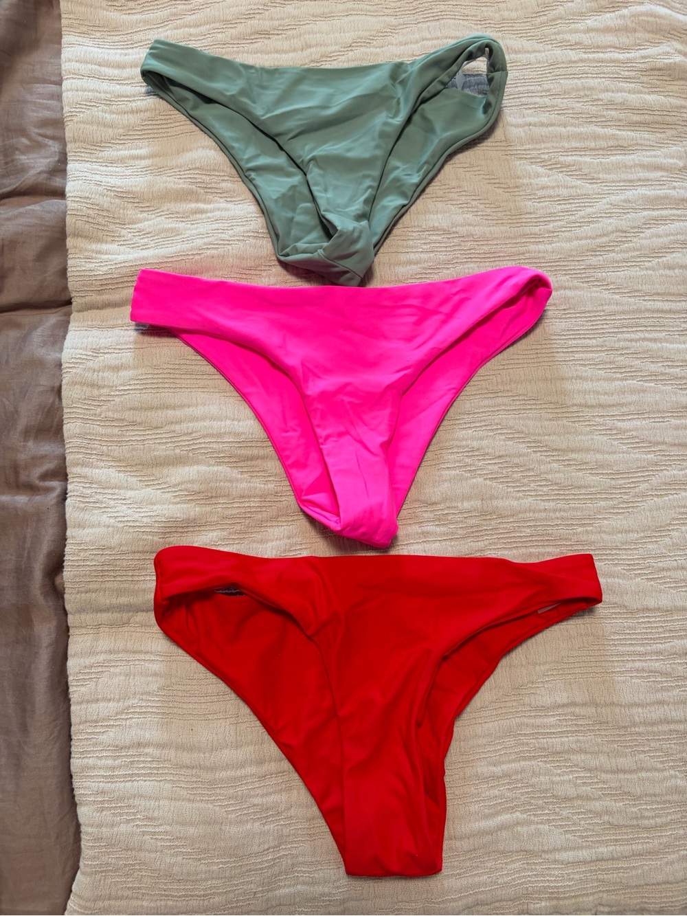 Women’s Bikini Bottoms Trio — Olive, Hot Pink & Red NEVER USED